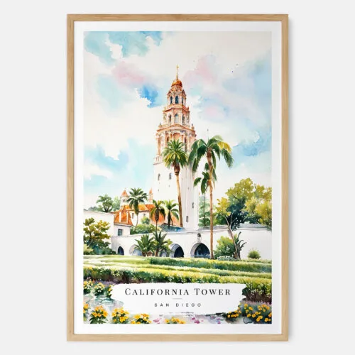 00 - Balboa Park California Tower Watercolor Art Print - Main - Wood Frame