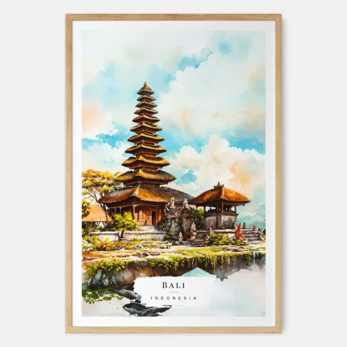 00 - Bali Temple Watercolor Art Print - Main - Wood Frame