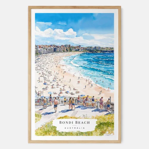 00 - Bondi Beach Watercolor Art Print - Main - Wood Frame