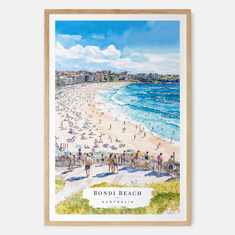 00 - Bondi Beach Watercolor Art Print - Main - Wood Frame