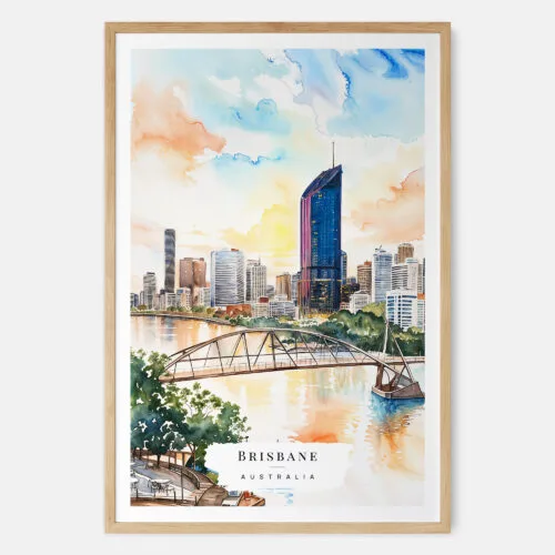 00 - Brisbane Skyline Watercolor Art Print - Main - Wood Frame