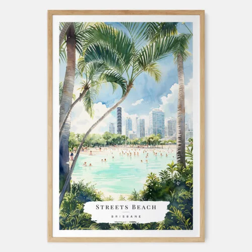 00 - Brisbane Streets Beach Watercolor Art Print - Main - Wood Frame