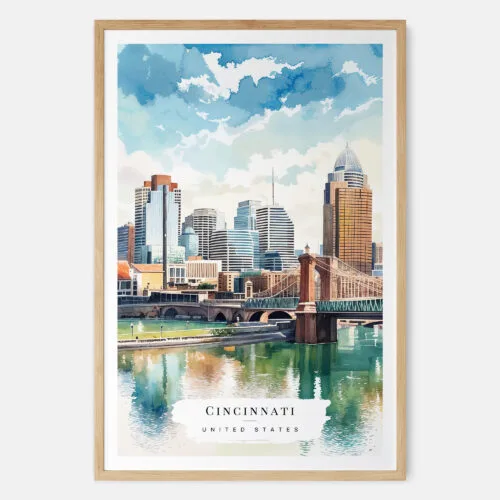 00 - Cincinnati Ohio Watercolor Art Print - Main - Wood Frame