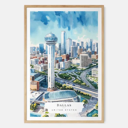 00 - Dallas Texas Watercolor Art Print - Main - Wood Frame