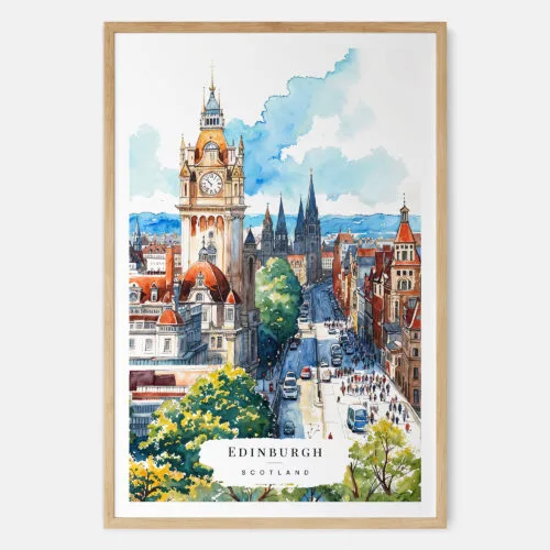 00 - Edinburgh Skyline Watercolor Art Print - Main - Wood Frame