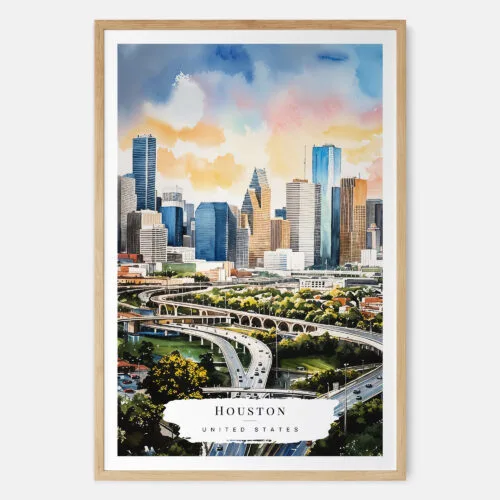 00 - Houston Texas Watercolor Art Print - Main - Wood Frame