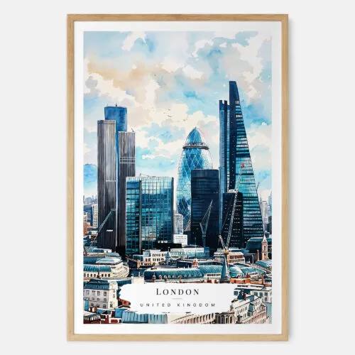 00 - London Business Skyline Watercolor Art Print - Main - Wood Frame