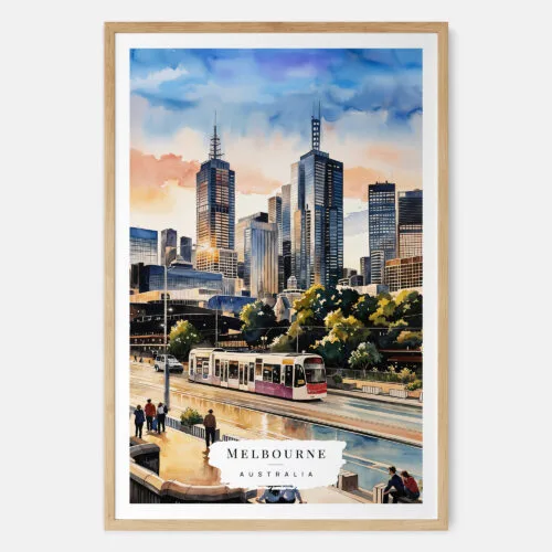 00 - Melbourne Watercolor Art Print - Main - Wood Frame