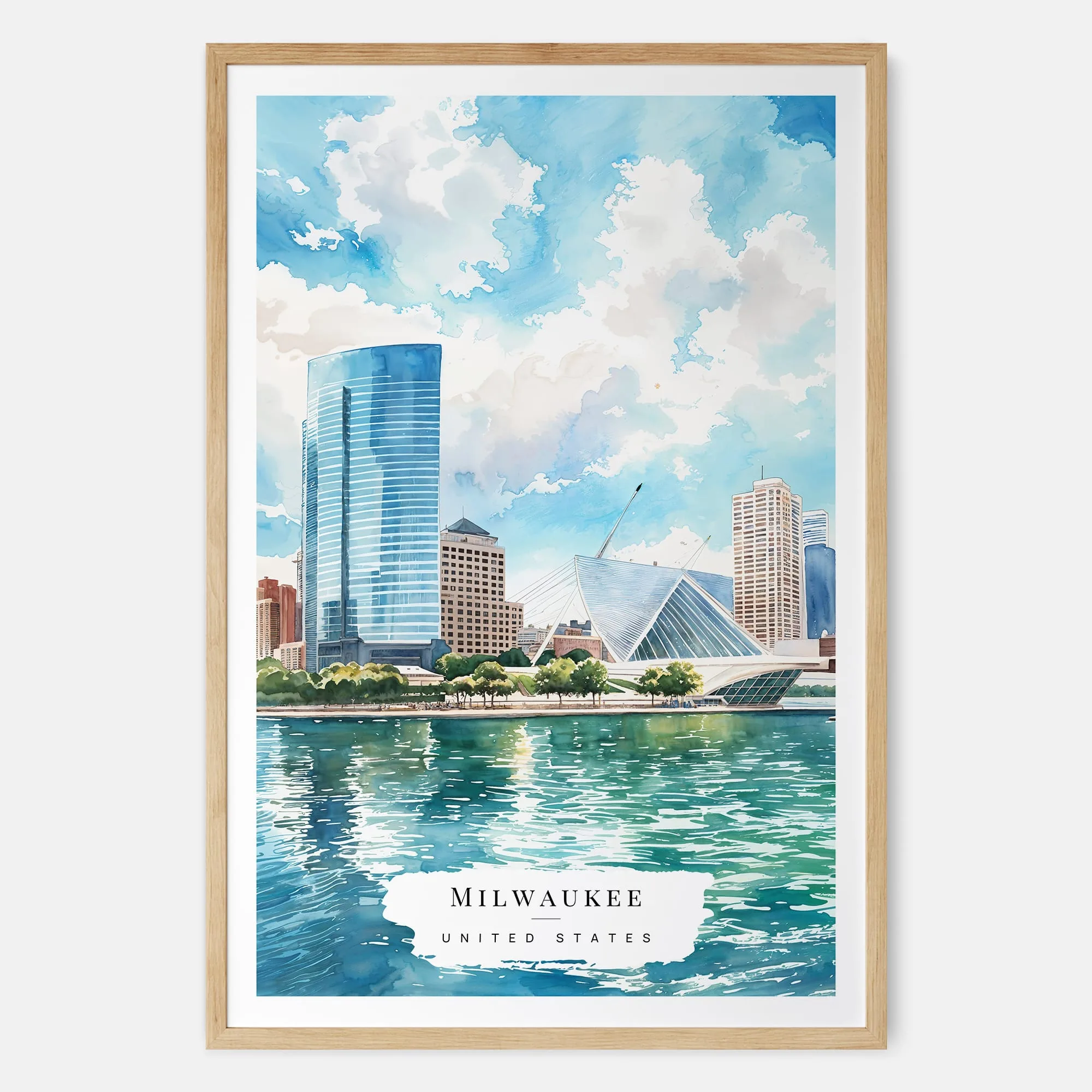 Milwaukee Skyline Watercolor Print from Riverside with Iconic Art Museum