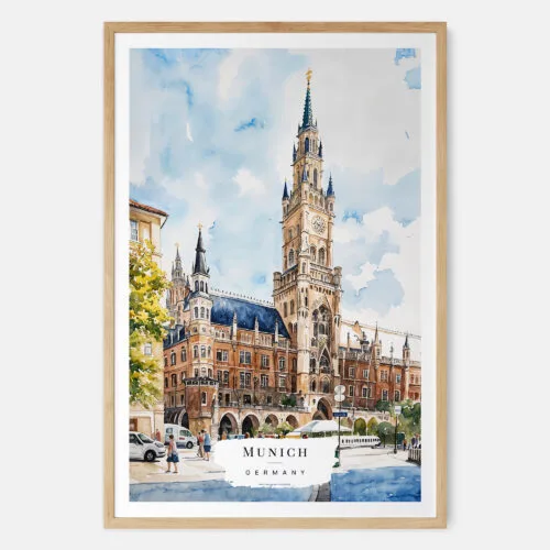 00 - Munich Marienplatz Watercolor Art Print - Main - Wood Frame