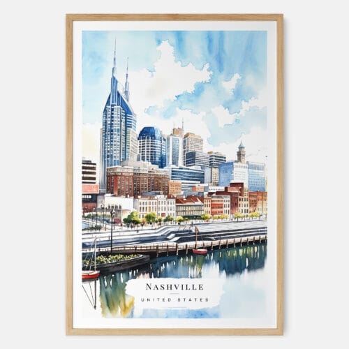 00 - Nashville Skyline Watercolor Art Print - Main - Wood Frame
