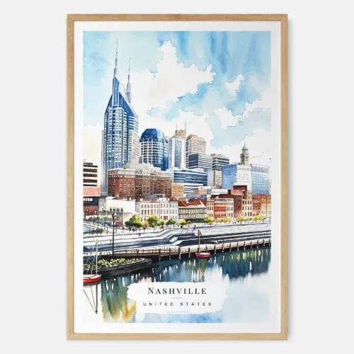 00 - Nashville Skyline Watercolor Art Print - Main - Wood Frame