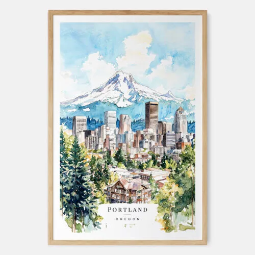 00 - Portland Oregon Watercolor Art Print - Main - Wood Frame