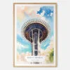 00 - Seattle Space Needle Closeup Watercolor Art Print - Main - Wood Frame
