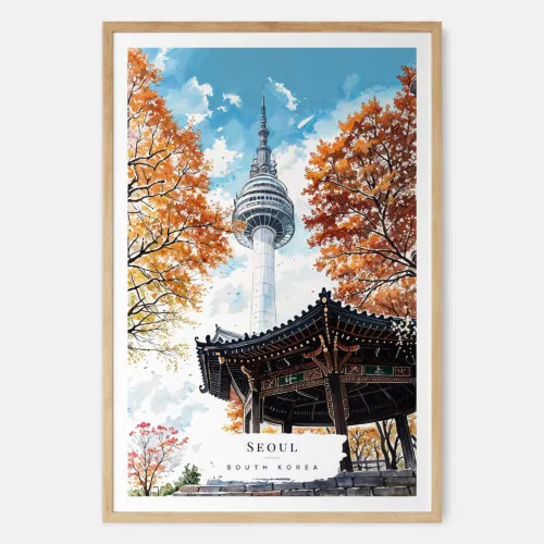 00 - Seoul N Seoul Tower Korea Watercolor Art Print - Main - Wood Frame