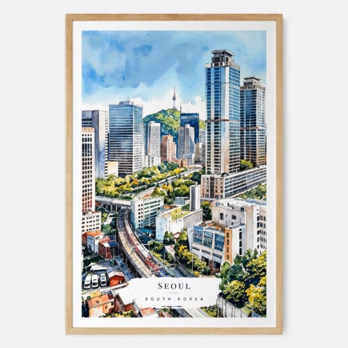 00 - Seoul Skyline Watercolor Art Print - Main - Wood Frame