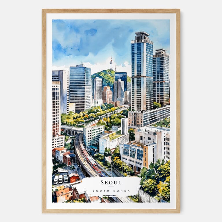 00 - Seoul Skyline Watercolor Art Print - Main - Wood Frame