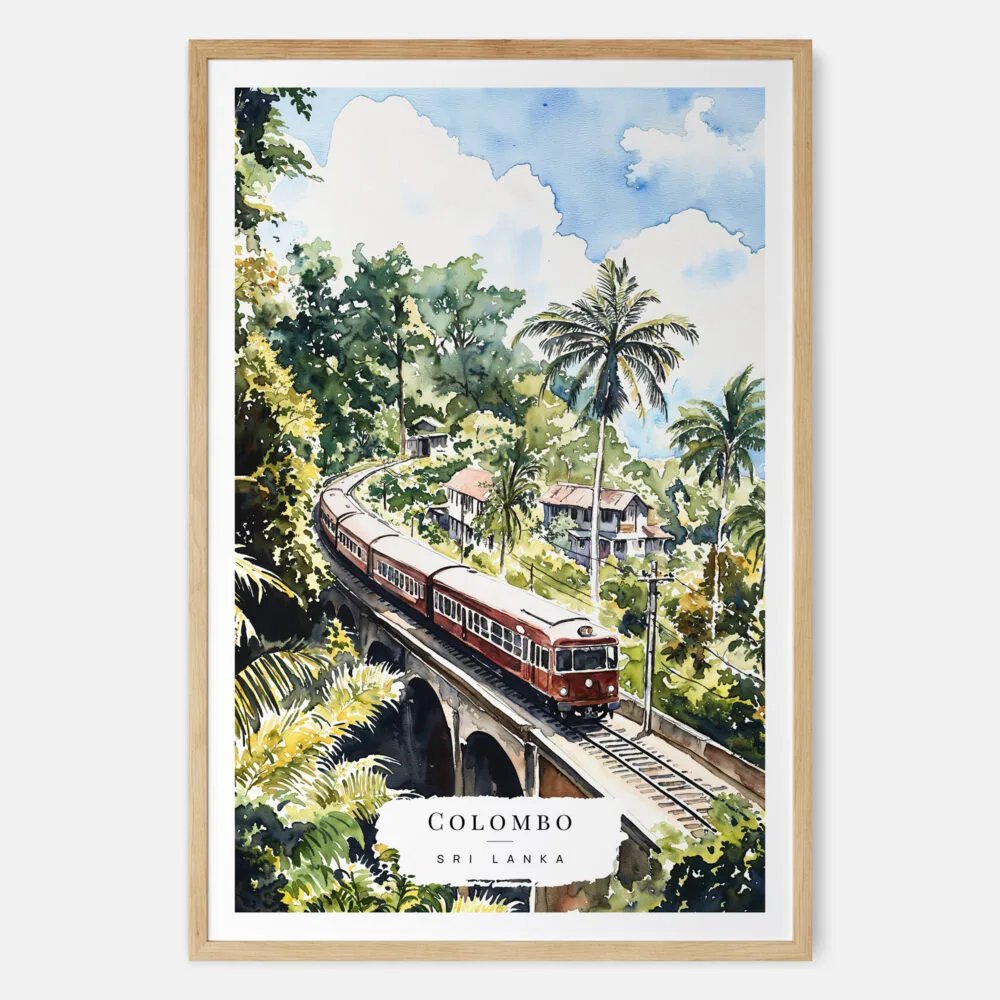 00 - Sri Lanka Train Watercolor Art Print - Main - Wood Frame 00 - Sri Lanka Train Watercolor Art Print - Main - Wood Frame