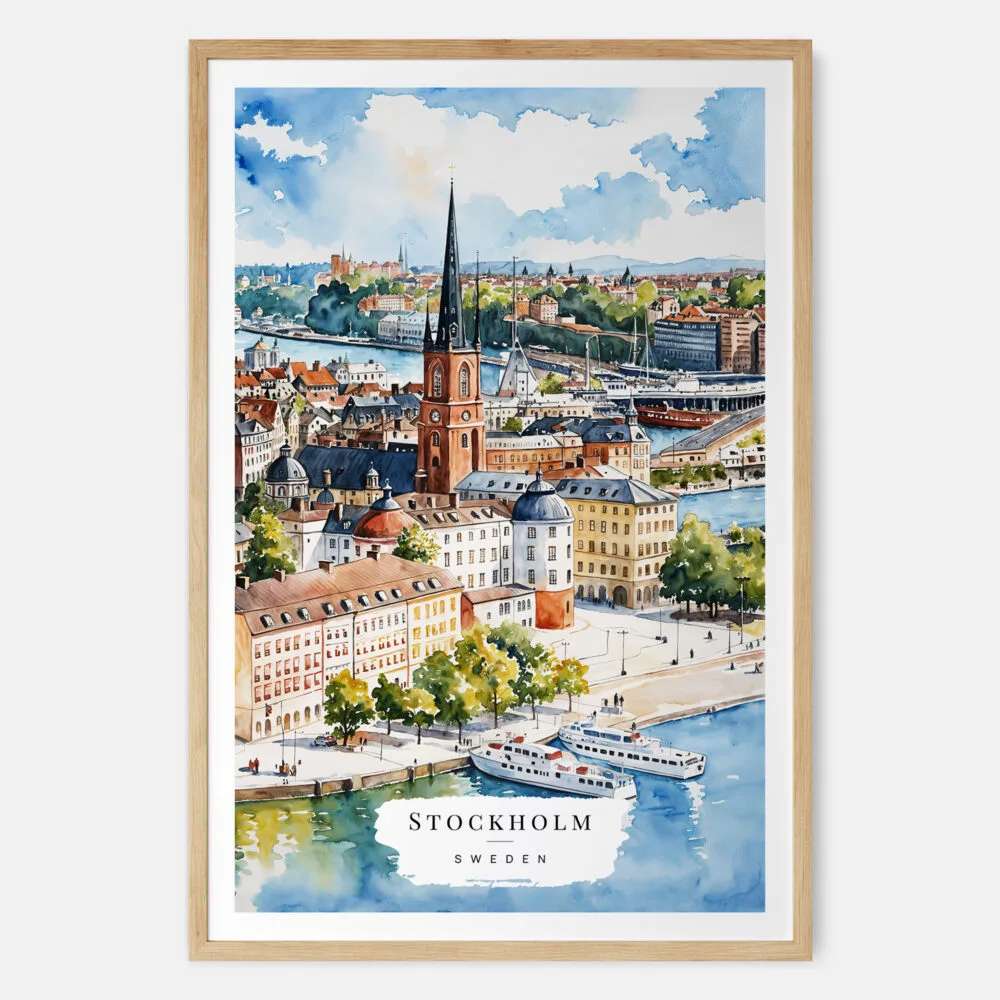 00 - Stockholm Skyline Watercolor Art Print - Main - Wood Frame 00 - Stockholm Skyline Watercolor Art Print - Main - Wood Frame