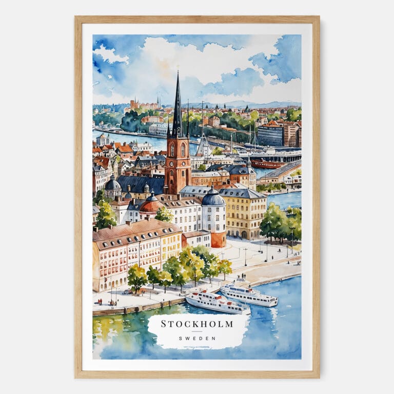 00 - Stockholm Skyline Watercolor Art Print - Main - Wood Frame