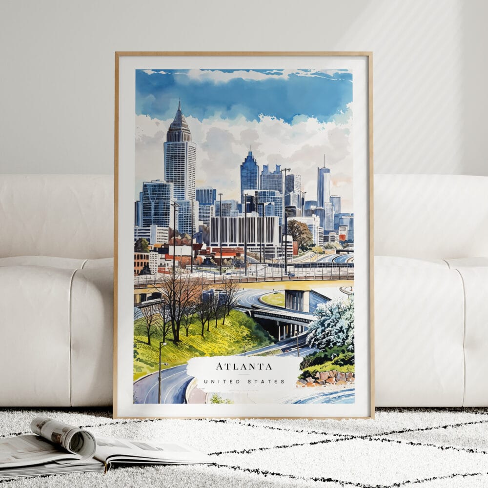 01 - Framed Atlanta Skyline Watercolor Wall Art leaning against couch - Portrait 01 - Framed Atlanta Skyline Watercolor Wall Art leaning against couch - Portrait