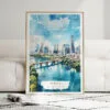 01 - Framed Austin Texas Watercolor Wall Art leaning against couch - Portrait