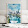 01 - Framed Austin Texas Watercolor Wall Art leaning against couch - Portrait