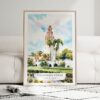 01 - Framed Balboa Park California Tower Watercolor Wall Art leaning against couch - Portrait
