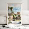 01 - Framed Balboa Park Watercolor Wall Art leaning against couch - Portrait