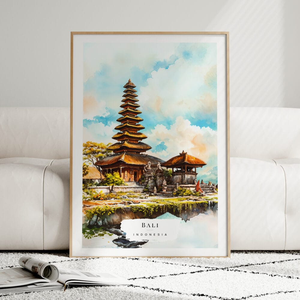 01 - Framed Bali Temple Watercolor Wall Art leaning against couch - Portrait 01 - Framed Bali Temple Watercolor Wall Art leaning against couch - Portrait