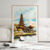 01 - Framed Bali Temple Watercolor Wall Art leaning against couch - Portrait