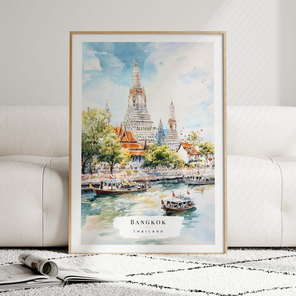 01 - Framed Bangkok Wat Arun Watercolor Wall Art leaning against couch - Portrait 01 - Framed Bangkok Wat Arun Watercolor Wall Art leaning against couch - Portrait