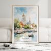 01 - Framed Bangkok Wat Arun Watercolor Wall Art leaning against couch - Portrait