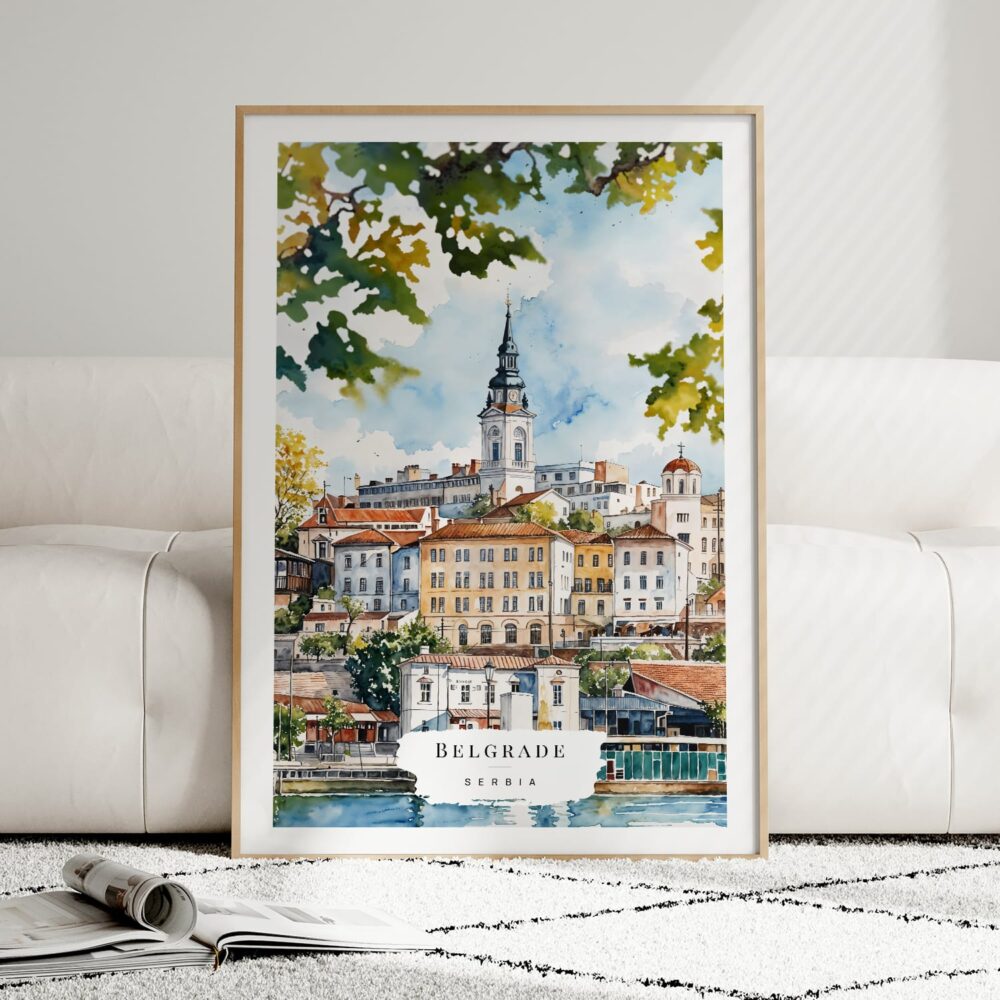 01 - Framed Belgrade Watercolor Wall Art leaning against couch - Portrait 01 - Framed Belgrade Watercolor Wall Art leaning against couch - Portrait