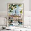 01 - Framed Belgrade Watercolor Wall Art leaning against couch - Portrait