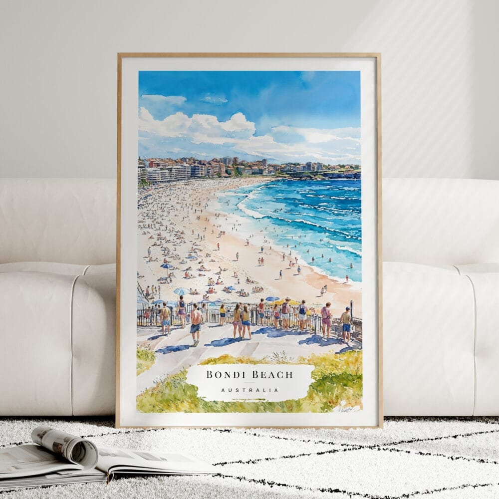 01 - Framed Bondi Beach Watercolor Wall Art leaning against couch - Portrait 01 - Framed Bondi Beach Watercolor Wall Art leaning against couch - Portrait