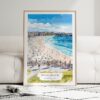 01 - Framed Bondi Beach Watercolor Wall Art leaning against couch - Portrait