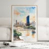 01 - Framed Brisbane Skyline Watercolor Wall Art leaning against couch - Portrait
