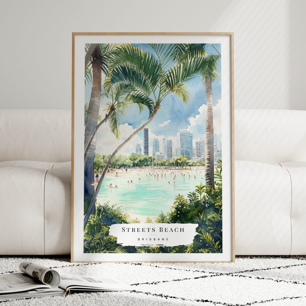 01 - Framed Brisbane Streets Beach Watercolor Wall Art leaning against couch - Portrait 01 - Framed Brisbane Streets Beach Watercolor Wall Art leaning against couch - Portrait