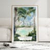 01 - Framed Brisbane Streets Beach Watercolor Wall Art leaning against couch - Portrait