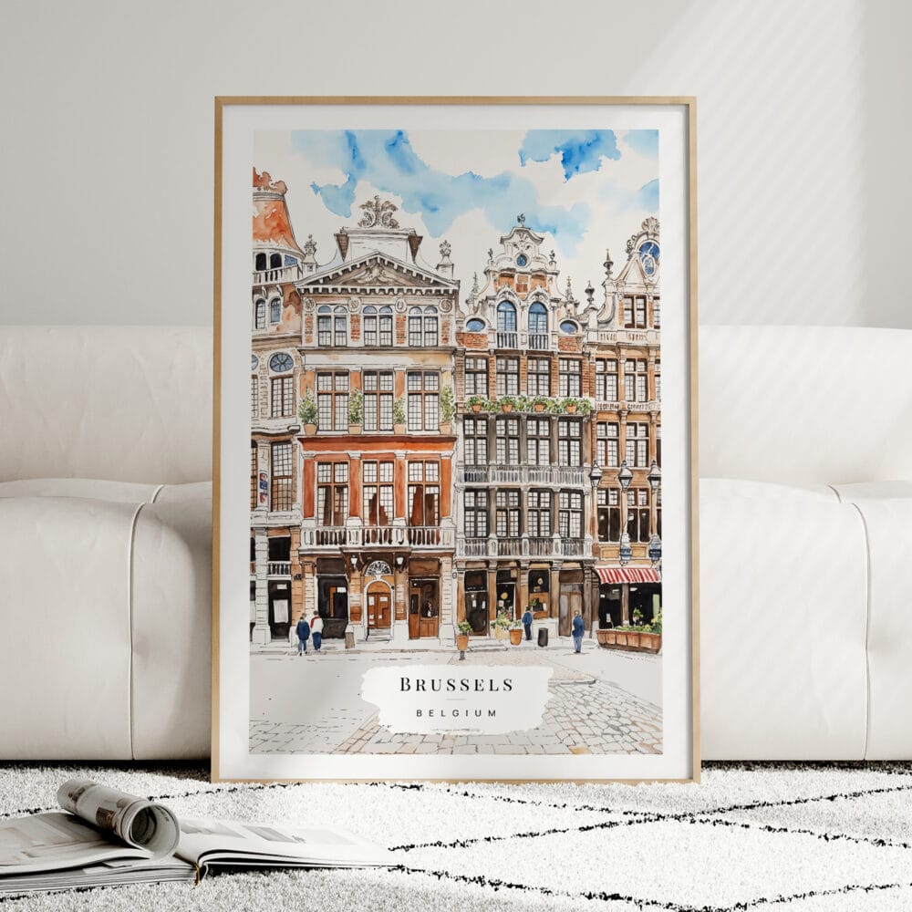 01 - Framed Brussels Watercolor Wall Art leaning against couch - Portrait 01 - Framed Brussels Watercolor Wall Art leaning against couch - Portrait