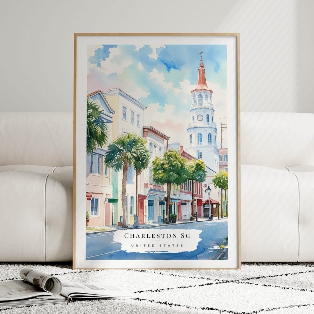 01 - Framed Charleston SC Watercolor Wall Art leaning against couch - Portrait 01 - Framed Charleston SC Watercolor Wall Art leaning against couch - Portrait