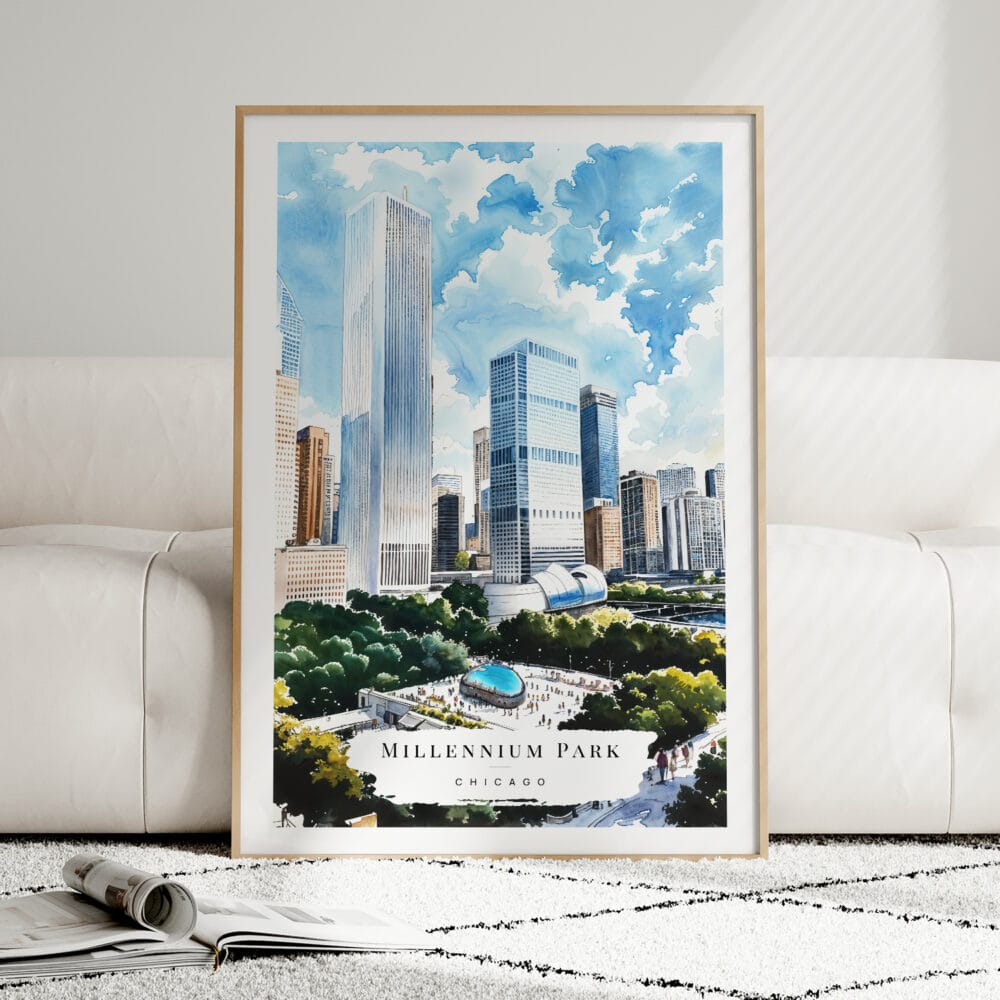 01 - Framed Chicago Millennium Park Watercolor Wall Art leaning against couch - Portrait 01 - Framed Chicago Millennium Park Watercolor Wall Art leaning against couch - Portrait