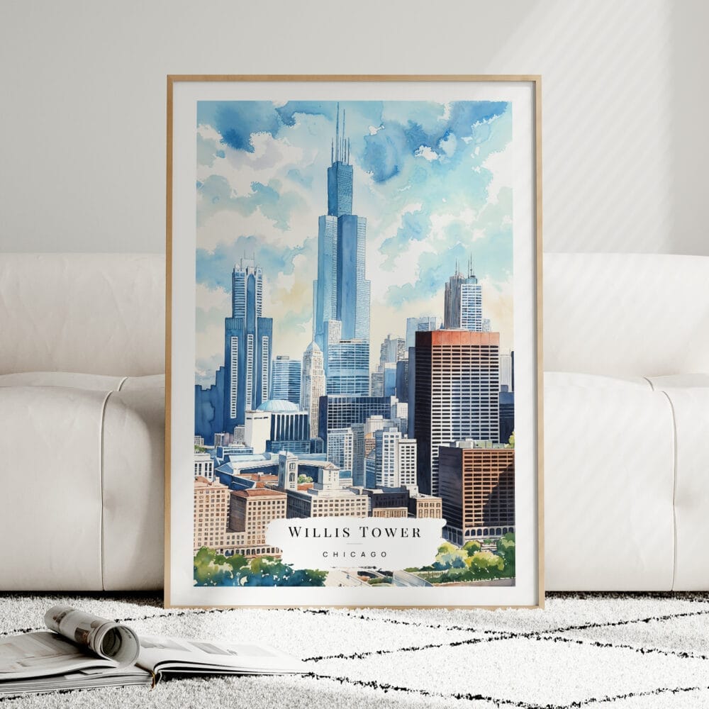 01 - Framed Chicago Willis Tower Watercolor Wall Art leaning against couch - Portrait 01 - Framed Chicago Willis Tower Watercolor Wall Art leaning against couch - Portrait