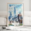 01 - Framed Chicago Willis Tower Watercolor Wall Art leaning against couch - Portrait