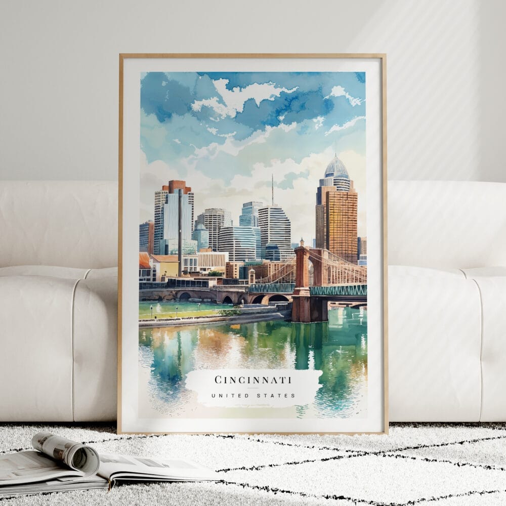 01 - Framed Cincinnati Ohio Watercolor Wall Art leaning against couch - Portrait 01 - Framed Cincinnati Ohio Watercolor Wall Art leaning against couch - Portrait