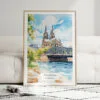 01 - Framed Cologne Cathedral Watercolor Wall Art leaning against couch - Portrait