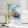 01 - Framed Cologne Cathedral Watercolor Wall Art leaning against couch - Portrait