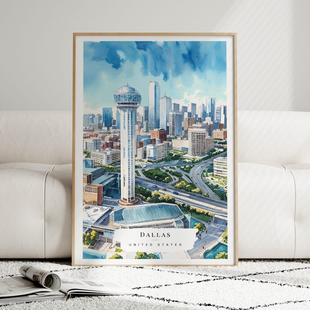 01 - Framed Dallas Texas Watercolor Wall Art leaning against couch - Portrait 01 - Framed Dallas Texas Watercolor Wall Art leaning against couch - Portrait