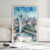 01 - Framed Dallas Texas Watercolor Wall Art leaning against couch - Portrait